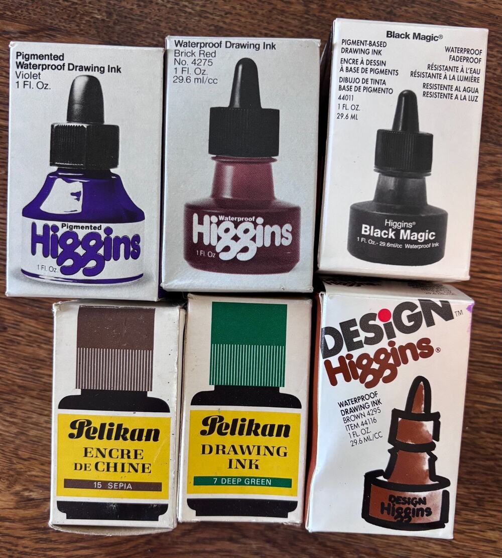 Lot of 6 Bottles Higgins Ink and Vintage Pelikan Inks Calligraphy Fountain Pen